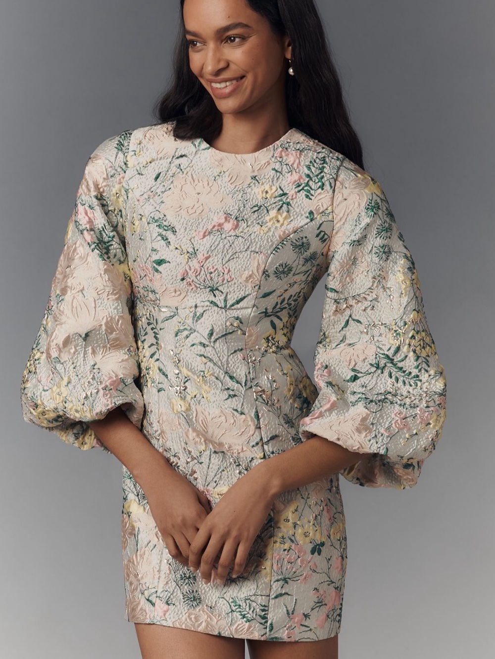 Mac Duggal Floral Brocade Puff Sleeve Mini Dress NWT